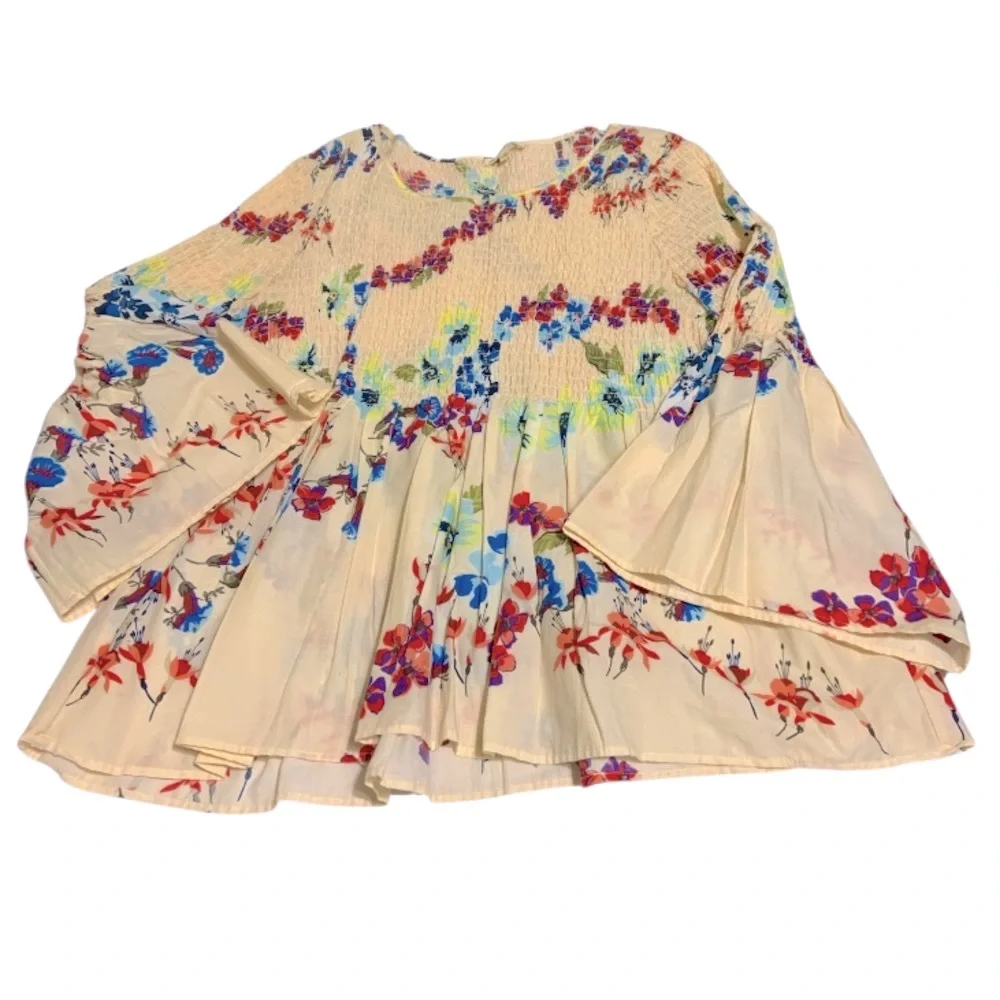 JANE And DELANCEY Boho Smocked Floral Bell Sleeve Blouse Size L - Picture 2 of 7